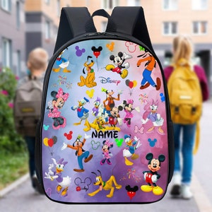 May include: A black backpack with a colourful design featuring Mickey Mouse, Minnie Mouse, Donald Duck, Goofy, and Pluto. The backpack has a zip closure and adjustable straps. The text "Disney" and "NAME" are printed on the backpack.
