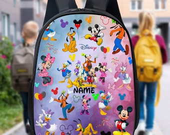 Personalized Watercolor Mickey and Friends Castle Backpack, Custom Name Minnie Pluto Goofy Daisy Bottle, Birthday Boy Girl Lunch Bag
