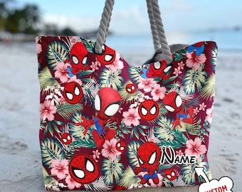 Personalized Spider Man Tropical Aloha Beach Bag, Hero Tote Bag, Spiderman Movie Character Bag, Summer Vacation Gift For Mom, Daughter