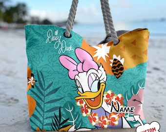Personalized Daisy Duck Tropical Aloha Beach Bag, Mickey Mouse Friend Tote Bag, Animated Movie Bag, Summer Vacation Gift For Mom, Daughter