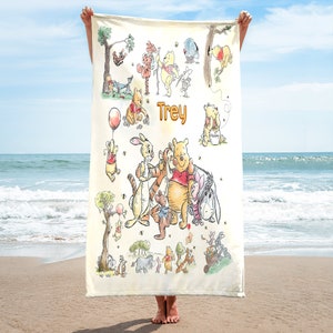 Serviettes de plage personnalisées aquarelle ourson, serviettes ours et amis, cadeau d'anniversaire pour enfants, serviette de bain film ours piscine, serviette de voyage dessin animé c