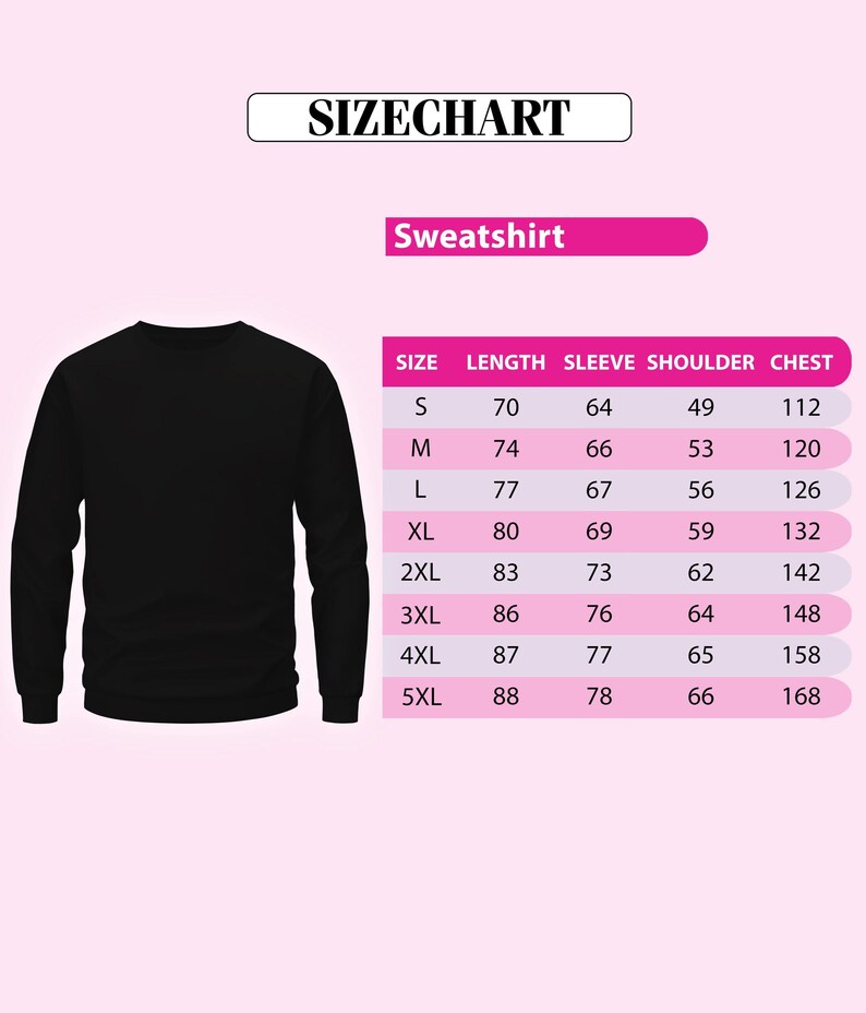 a black sweatshirt with size and length measurements listed below it.