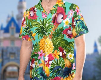 Hei Hei Pineapple Tropical Hawaiian Shirt, Moana Hawaii Shirt, Cartoon Character Summer Holiday Button Up,  Trip Shirt