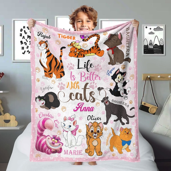 Personalized Cats Blanket, Custom Name Cat Lovers Baby Girl Blanket, Life Is Better With Cats, Cat Mom Dad Gift, The Aristocats Marie