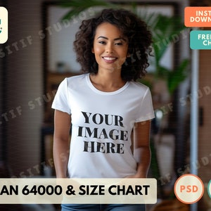 Branco Gildan 64000 Modelo PSD de pele escura e tabela de tamanhos grátis | Maquete de camiseta Gildan | Modelo Gildan 64000 | Maquete de camiseta em branco PSD