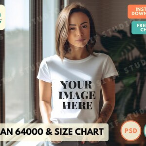 Modelo PSD modelo Gildan 64000 branco e tabela de tamanhos grátis | Maquete de camiseta Gildan | Maquete do modelo Gildan 64000 | Maquete de camiseta em branco PSD