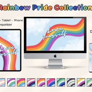 May include: A collection of 12 digital desktop backgrounds featuring a rainbow with the text "Love Yourself" in a blue font. The backgrounds are compatible with computers, tablets, and phones.
