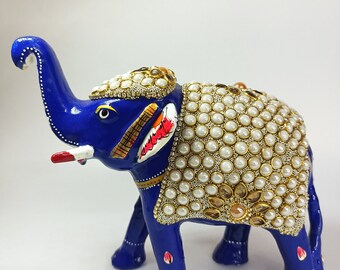 Blue Elephant Statue for home decor, Decorative Indian Elephant in Metal with Gemstones On It, Beautiful Showpiece For Home Decor