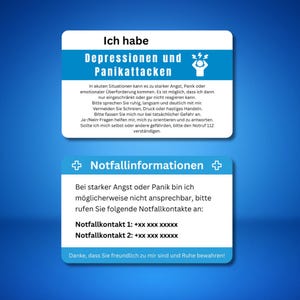 Könnte beinhalten: Zwei Informationskarten auf blauem Hintergrund. Die obere Karte lautet "Ich habe Depressionen und Panikattacken" auf Deutsch. Die untere Karte enthält Notfallkontaktinformationen. Der Text ist auf Deutsch.