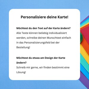 May include: A blue and white text box with the text "Personalisiere deine Karte!" and instructions on how to personalize a card. The text box is on a background of colorful stripes.