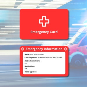 Emergency Card / Emergency ID - Personalized plastic card in credit card format with emergency information and emergency contact.