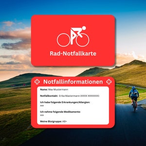 Rad Notfallkarte / Fahrrad Notfallpass - Personalisierbare Plastikkarte im Scheckkartenformat mit Notfallinformationen für den Notfall