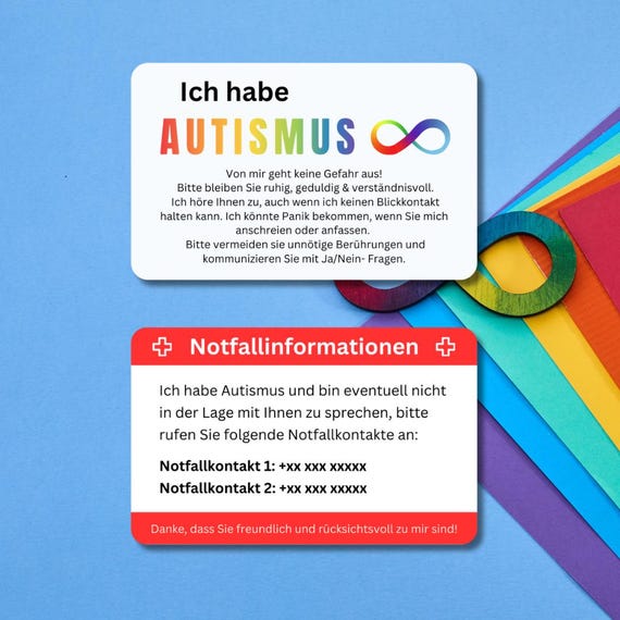 Autismus Notfallkarte / Notfallausweis - Personalisierbare Plastikkarte im Scheckkartenformat -Informationen und Kontakten für den Notfall