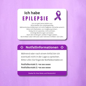 Epilepsy Emergency Card / Emergency ID Card - Customizable plastic card in credit card format - Information and contacts for emergencies