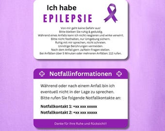 Epilepsy Emergency Card / Emergency ID Card - Customizable plastic card in credit card format - Information and contacts for emergencies