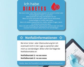Diabetes Emergency Card / Emergency ID Card - Customizable plastic card in credit card format - Information and contacts for emergencies
