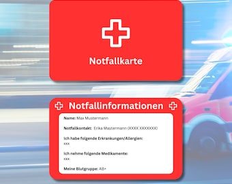 Emergency card / emergency ID - Personalizable plastic card in credit card format with emergency information and emergency contact for emergency