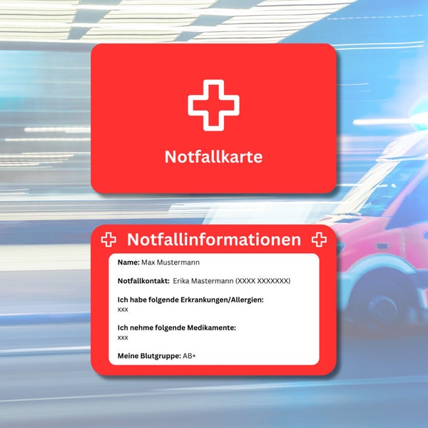 Notfallkarte / Notfallausweis - Personalisierbare Plastikkarte im Scheckkartenformat mit Notfallinformationen und Notfallkontakt für Notfall