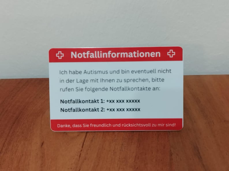 Autism Emergency Card / Emergency ID - Personalizable plastic card in credit card format - Information and contacts for emergencies image 3