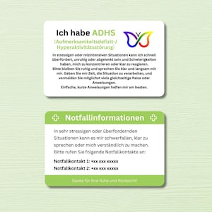 May include: Two white cards with green borders and text. The top card reads "Ich habe ADHS" (I have ADHD) with a butterfly logo. The bottom card says "Notfallinformationen" (Emergency Information) with contact details.