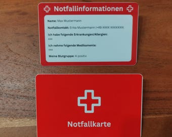 Tarjeta de emergencia / Identificación de emergencia - Tarjeta de plástico personalizable en formato de tarjeta de crédito con información de emergencia y contacto de emergencia para casos de emergencia.