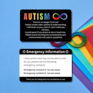 Autism emergency card / emergency ID card - Personalizable plastic card in credit card format - Information and contacts for emergencies