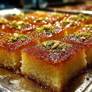 Puede incluir: Primer plano de una bandeja de pasteles cortados en cuadrados dorados. Cada pieza est&aacute; glaseada y espolvoreada con pistachos y nueces picadas. El postre parece h&uacute;medo y delicioso, perfecto para un dulce.