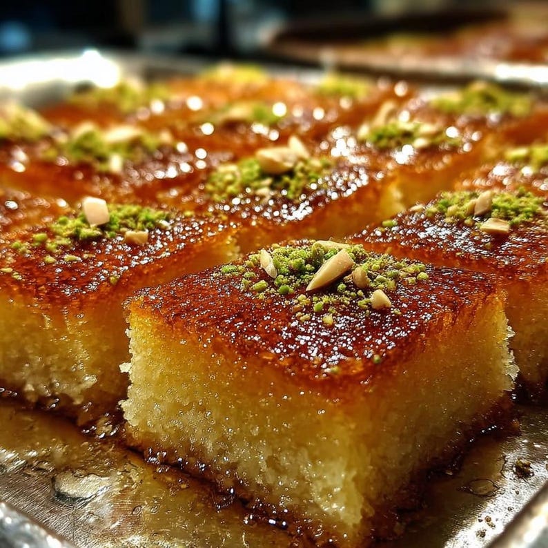 Puede incluir: Primer plano de una bandeja de pasteles cortados en cuadrados dorados. Cada pieza est&aacute; glaseada y espolvoreada con pistachos y nueces picadas. El postre parece h&uacute;medo y delicioso, perfecto para un dulce.
