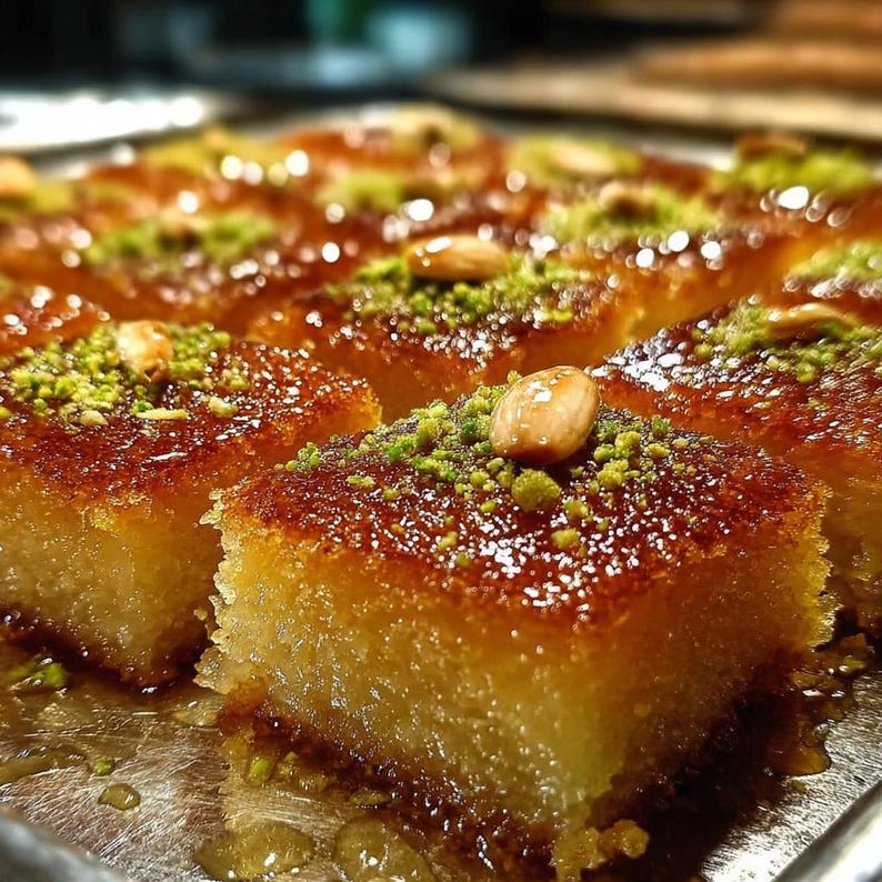 Puede incluir: Primer plano de una bandeja de baklava dorada, un postre de Oriente Medio. Cada cuadrado est&aacute; cubierto con pistachos picados y una sola almendra. El postre tiene un glaseado brillante y almibarado.