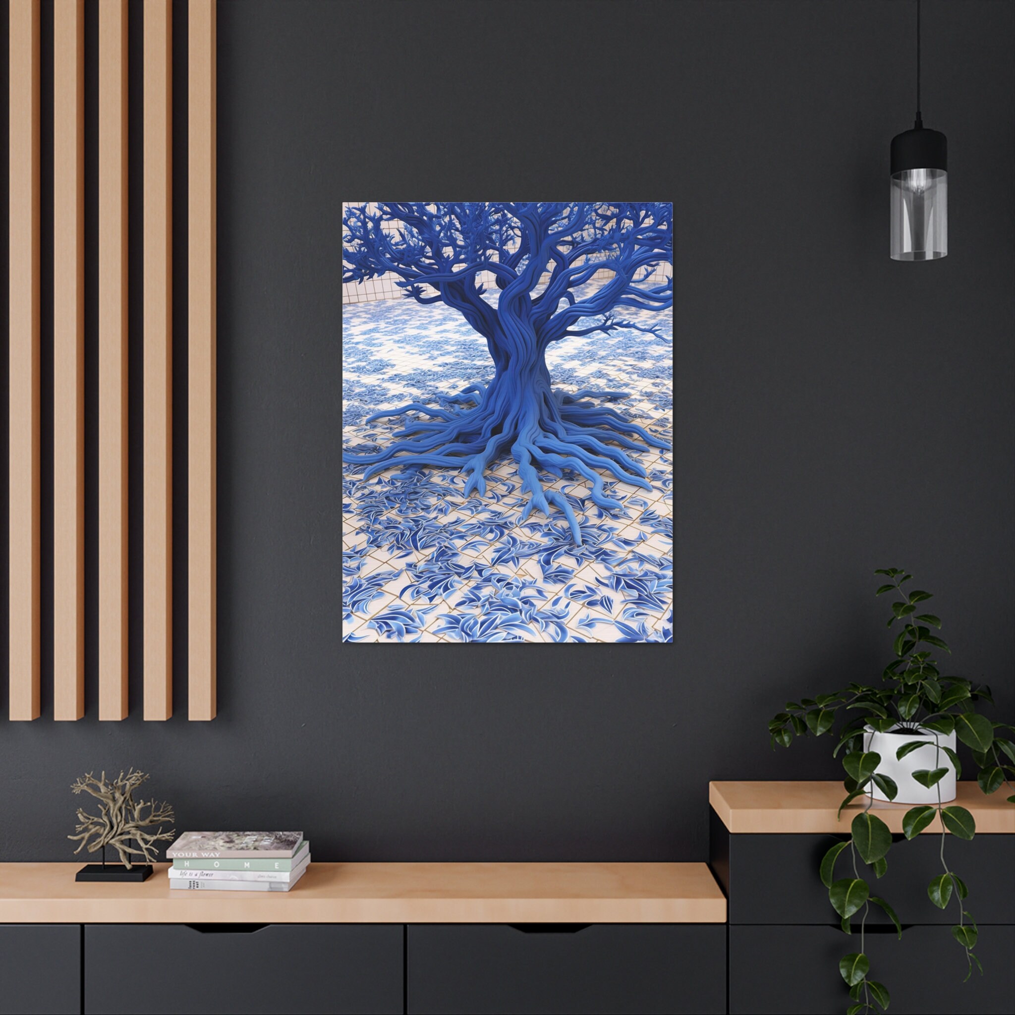 Blue White Banyan Tree Tile Design Canvas Print, Modern Realism, Ready
