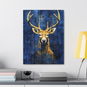 Elegant Deer Gold Deep Blue Canvas Print, Modern Realism Buck, Ready to Hang Art Print on Quality Canvas, Unique Design, Realistic Stylish