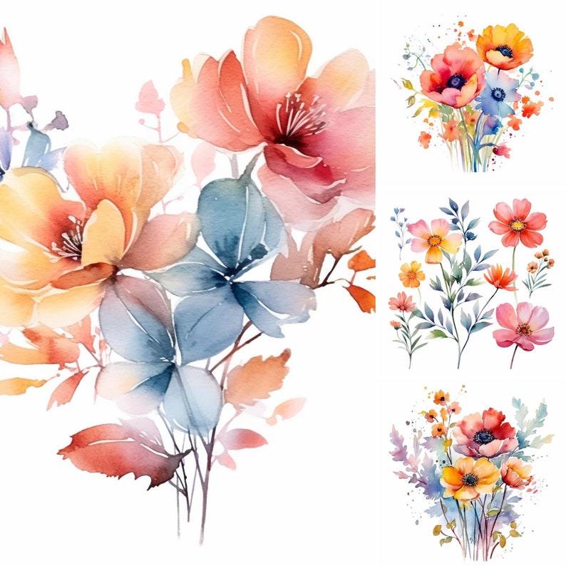 Flower Clipart Bundle #5, Pink Watercolor Clipart, Spring Floral ...
