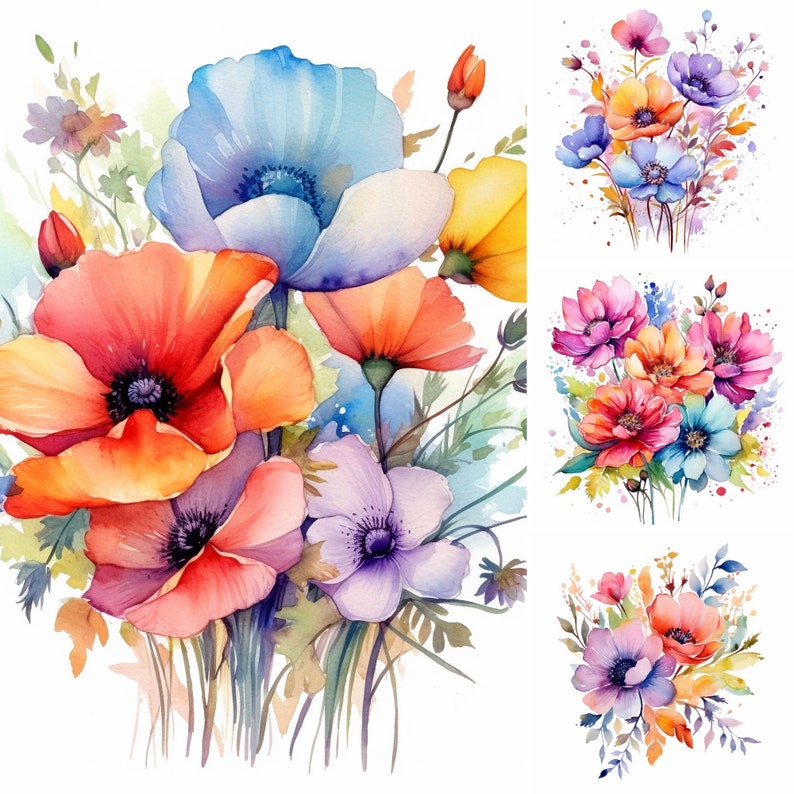 Flower Clipart Bundle #5, Pink Watercolor Clipart, Spring Floral ...