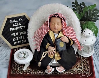 Newborn baby boy abaya sets 0-6 Years, abaya and red turban, Muslim T Shirt, Baby boy shirt, Baby shirt, Baby Gift, Baby New Born Gift FD18