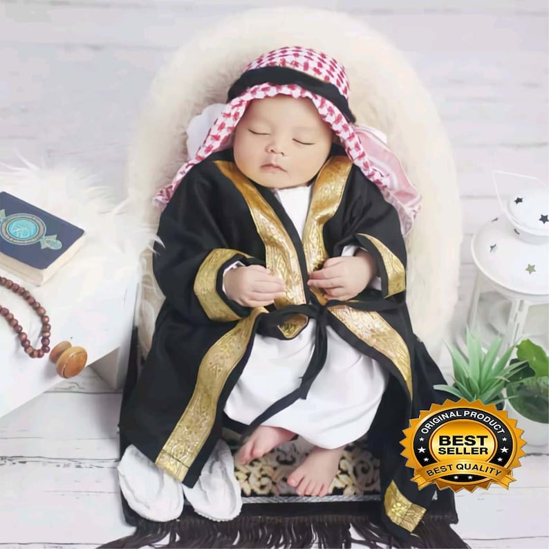 Ensembles abaya bébé garçon 0-6 ans, abaya et turban, ensemble abaya bébé garçon, ensemble de vêtements islamiques pour garçons, tenue musulmane pour tout-petit, ensemble robe modeste image 1