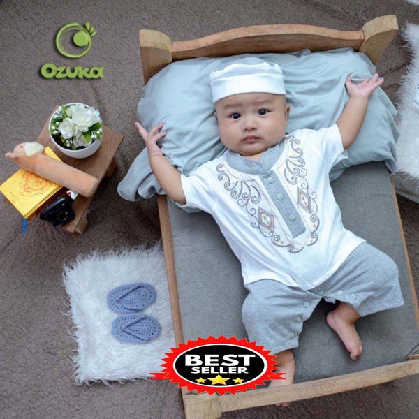 Abaya bébé nouveau-né vêtements musulmans Aqiqoh 0-6 mois, abaya bébé garçon, tendance et moderne, robe islamique pour garçons, vêtements islamiques pour garçons FD67