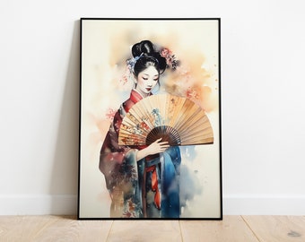 Colorful Watercolor Painting of Geisha Holding a Fan, Digital Download