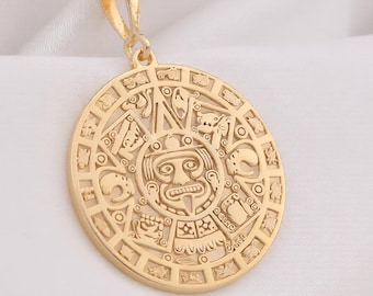 14K Solid Gold Aztec Calendar Coin Pendant - Mayan Sun Stone Talisman Charm