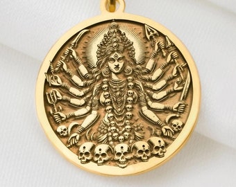 14K Solid Gold Shodashi Kali Charm Necklace, Kali Yantra Charm Pendant Silver Kali Necklace, Silver Hindu Goddess Kali Charm Pendant