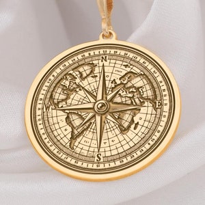 14K Solid Gold World Map Kompass Anhänger, 925 Sterling Silber Kompass Medaillon, personalisierte Kompass Charm Halskette Geschenke für ihn / sie