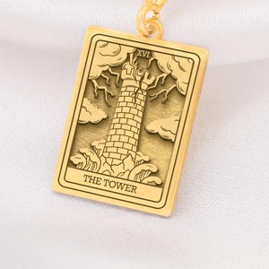 Turm Tarot Karten Anhänger: 14K Gold Major Arcana Anhänger, Transformations Schmuck
