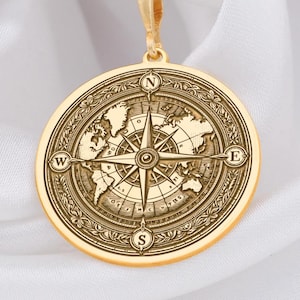 Weltkarte Kompass 14K Solid Gold Halskette, personalisierte Weltkompass Anhänger Geschenk, Kompass, Zierliche Kompass Charm Halskette, Silber Kompass