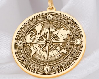 World Map Compass 14K Solid Gold  Necklace, Personalized World Compass Pendant Gift, Compass, Dainty Compass Charm Necklace, Silver Compass