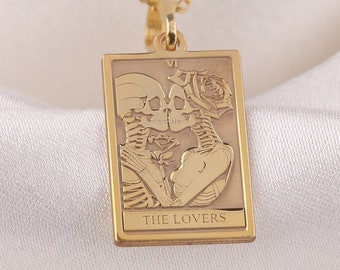 14K Solid Gold The Lovers Tarot Necklace, Tarot Gift for Couple, Skeleton Lovers Gold Pendant, Silver Tarot Charm, Romantic jewelry gift
