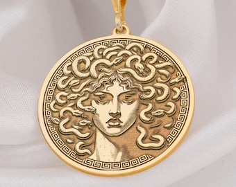 14K Solid Gold Medusa Pendant Necklace, Medusa coin, Greek mythology Charm, Silver Handcrafted Medusa Pendant, Rebel women’s Gifts