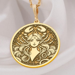 14K Solid Gold Cancer Zodiac Woman Pendant Necklace, Sterling Silver Astrology Jewelry, Handmade Personalised Zodiac Cancer Gifts for Her