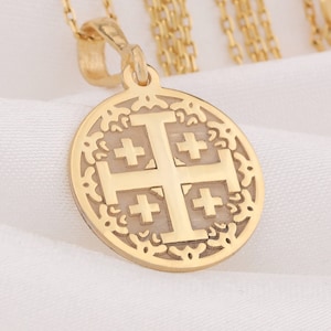14K Gold Jerusalem Cross Necklace - Handmade Religious Pendant, Spiritual Jewelry for Baptism, Christian Faith Gift, Elegant Gold Necklace