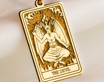 14K Solid Gold Der Teufel Tarot Halskette, Silber Teufel Tarot Anhänger, Minimalistische Tarot Halskette, Dainty Tarot Charm Halsketten Rose überzogen