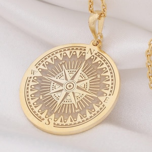 14K Solid Gold Kompass Halskette, Umfang Silber Charm Anhänger, personalisierte Kompass Charm Geschenk, Zierliche Gold Umfang Charme Halskette