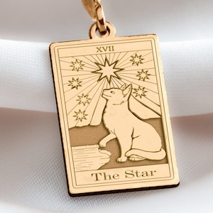 14 K massief goud de ster tarotkaart bedelketting, de ster tarot zilveren bedelhanger, kat herdenkingsbedel, gouden tarotsieraden, tarotcadeau
